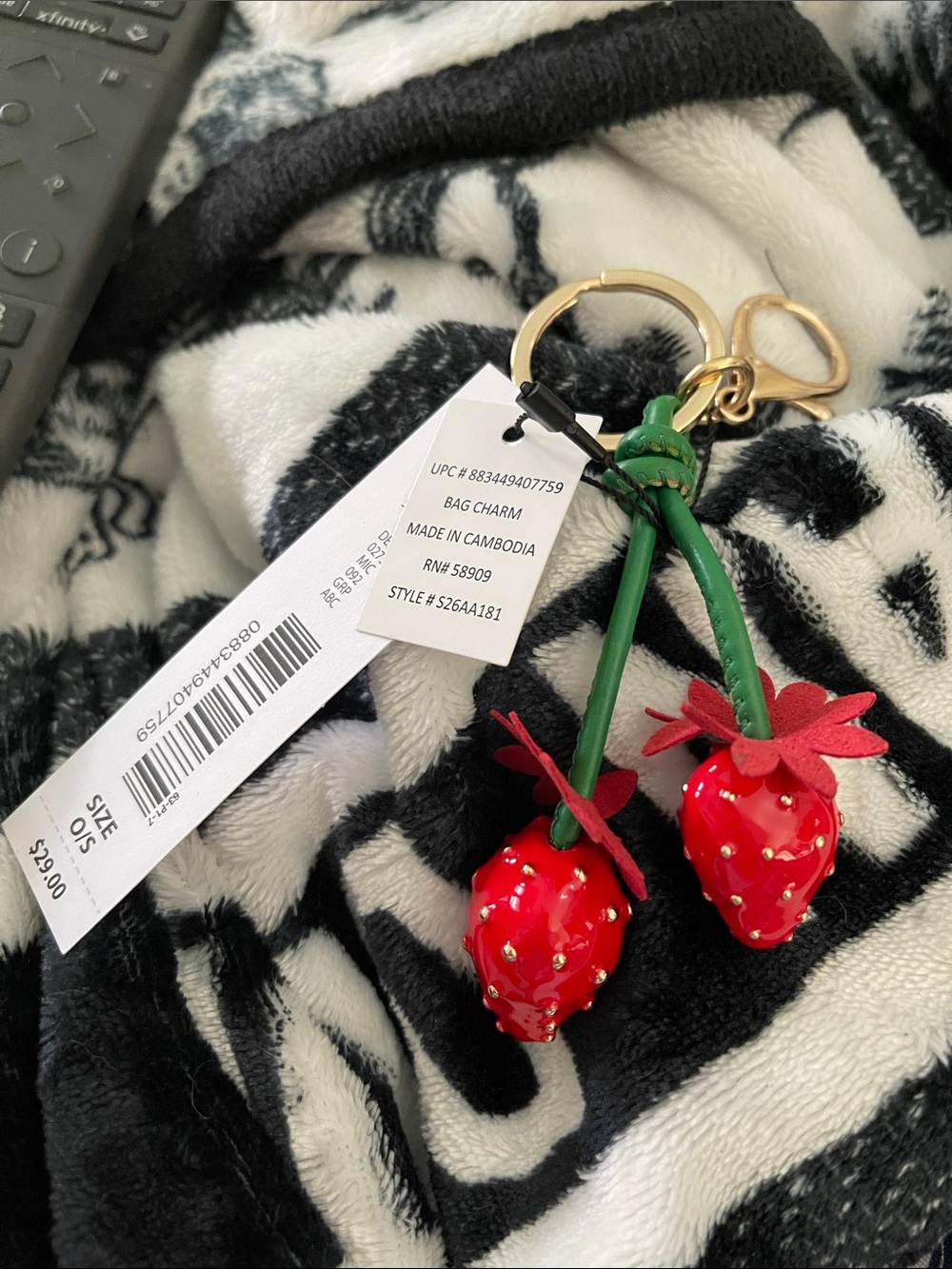 Anna & Ava Red Strawberry Bag Charm Key Holder with Green Stems